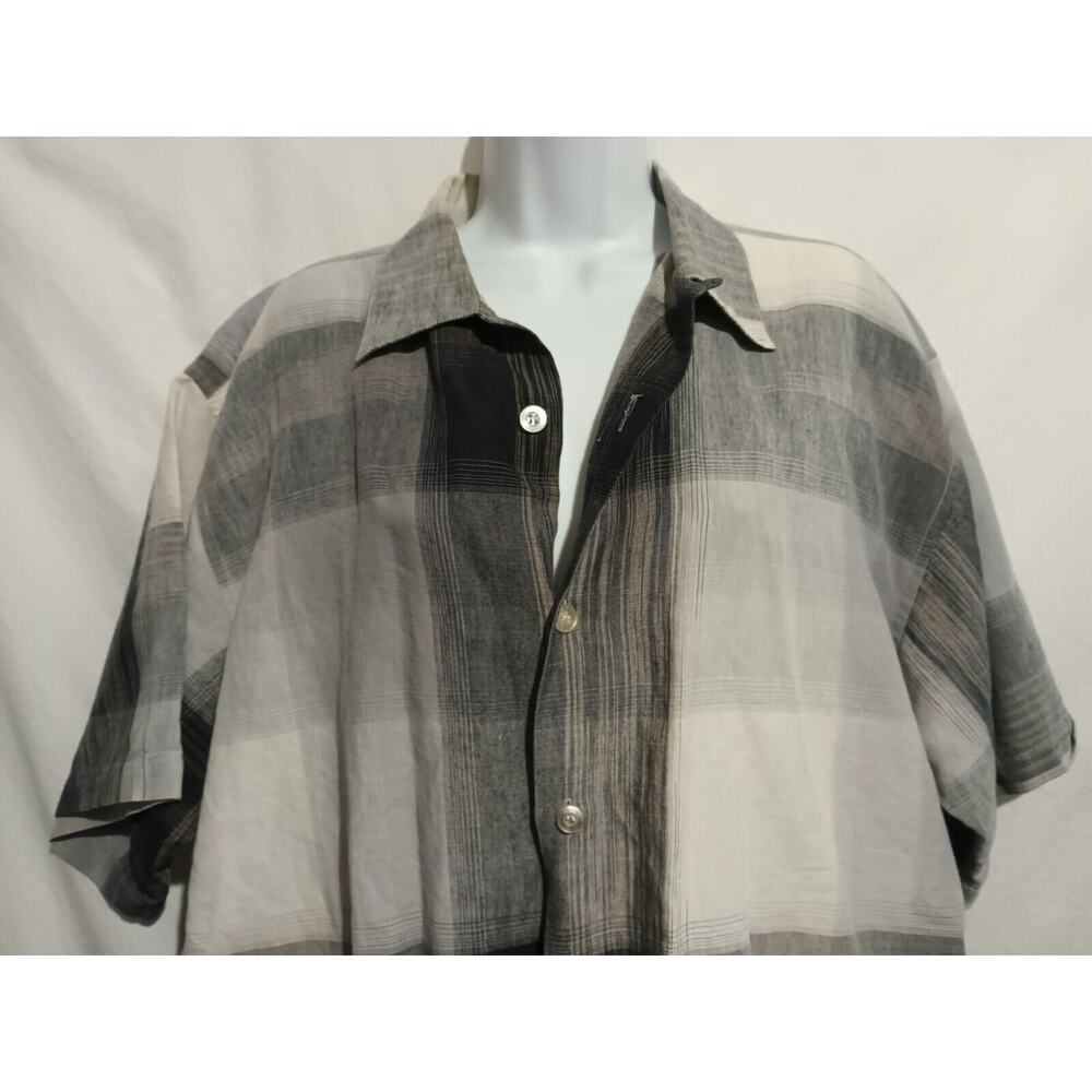 Maxini Size XL 100% Linen Short Sleeve Button-down Black Gray Plaid